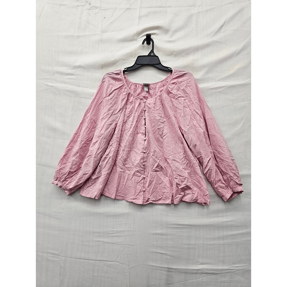A New Day Womens Button Front Blouse Pink Cotton Blend Casual Size Large